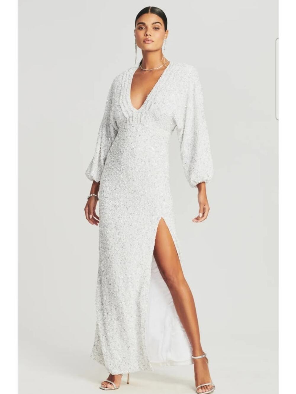 Retrofete Camille Sequin Chiffon Dress V Neck Long Sleeve Maxi White Size XS NWT